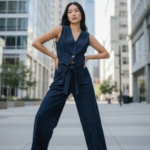 VINTAGE PANTSUIT 70s CEDARS Suede Pants and Vest Set Navy Blue Buckskin
